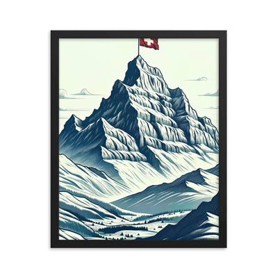 Ausgedehnte Bergkette mit dominierendem Gipfel und wehender Schweizer Flagge - Premium Poster mit Rahmen berge xxx yyy zzz 40.6 x 50.8 cm
