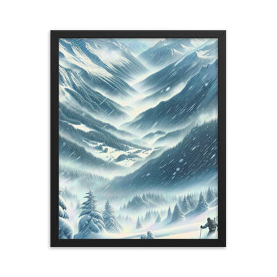 Alpine Wildnis im Wintersturm mit Skifahrer, verschneite Landschaft - Premium Poster mit Rahmen klettern ski xxx yyy zzz 40.6 x 50.8 cm