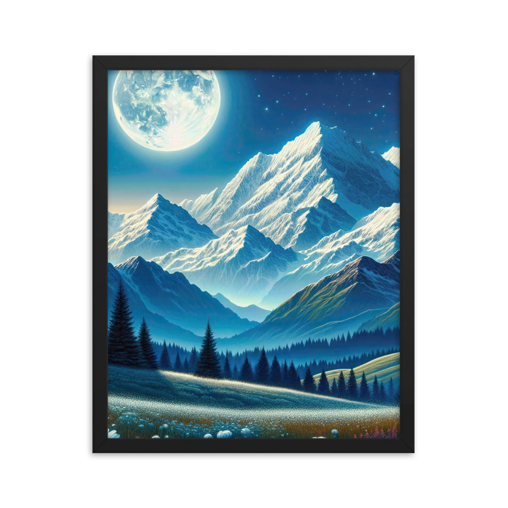 Klare frühlingshafte Alpennacht mit Blumen und Vollmond über Schneegipfeln - Premium Poster mit Rahmen berge xxx yyy zzz 40.6 x 50.8 cm