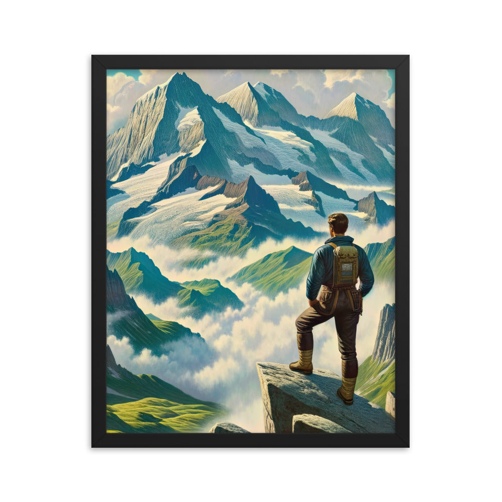 Panoramablick der Alpen mit Wanderer auf einem Hügel und schroffen Gipfeln - Premium Poster mit Rahmen wandern xxx yyy zzz 40.6 x 50.8 cm