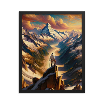 Ölgemälde eines Wanderers auf einem Hügel mit Panoramablick auf schneebedeckte Alpen und goldenen Himmel - Enhanced Matte Paper Framed wandern xxx yyy zzz 40.6 x 50.8 cm