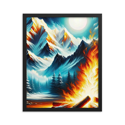 Ölgemälde von Feuer und Eis: Lagerfeuer und Alpen im Kontrast, warme Flammen - Premium Poster mit Rahmen camping xxx yyy zzz 40.6 x 50.8 cm