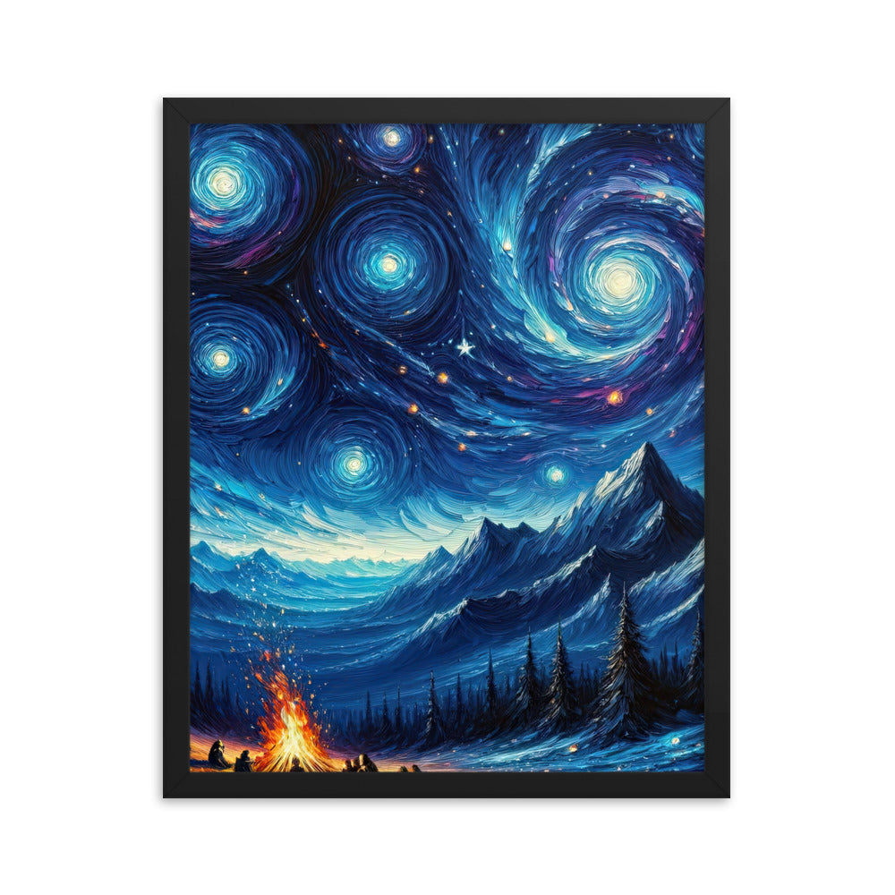 Sternennacht über den Alpen inspiriertes Ölgemälde, mystischer Nachthimmel in Blau - Premium Poster mit Rahmen camping xxx yyy zzz 40.6 x 50.8 cm