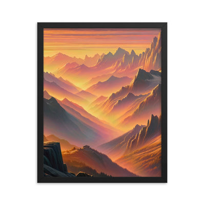 Ölgemälde der Alpen in der goldenen Stunde mit Wanderer, Orange-Rosa Bergpanorama - Premium Poster mit Rahmen wandern xxx yyy zzz 40.6 x 50.8 cm