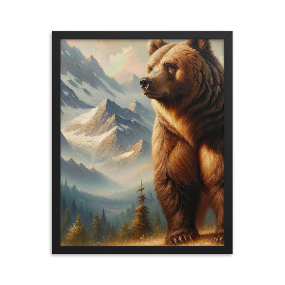 Ölgemälde eines königlichen Bären vor der majestätischen Alpenkulisse - Premium Poster mit Rahmen camping xxx yyy zzz 40.6 x 50.8 cm