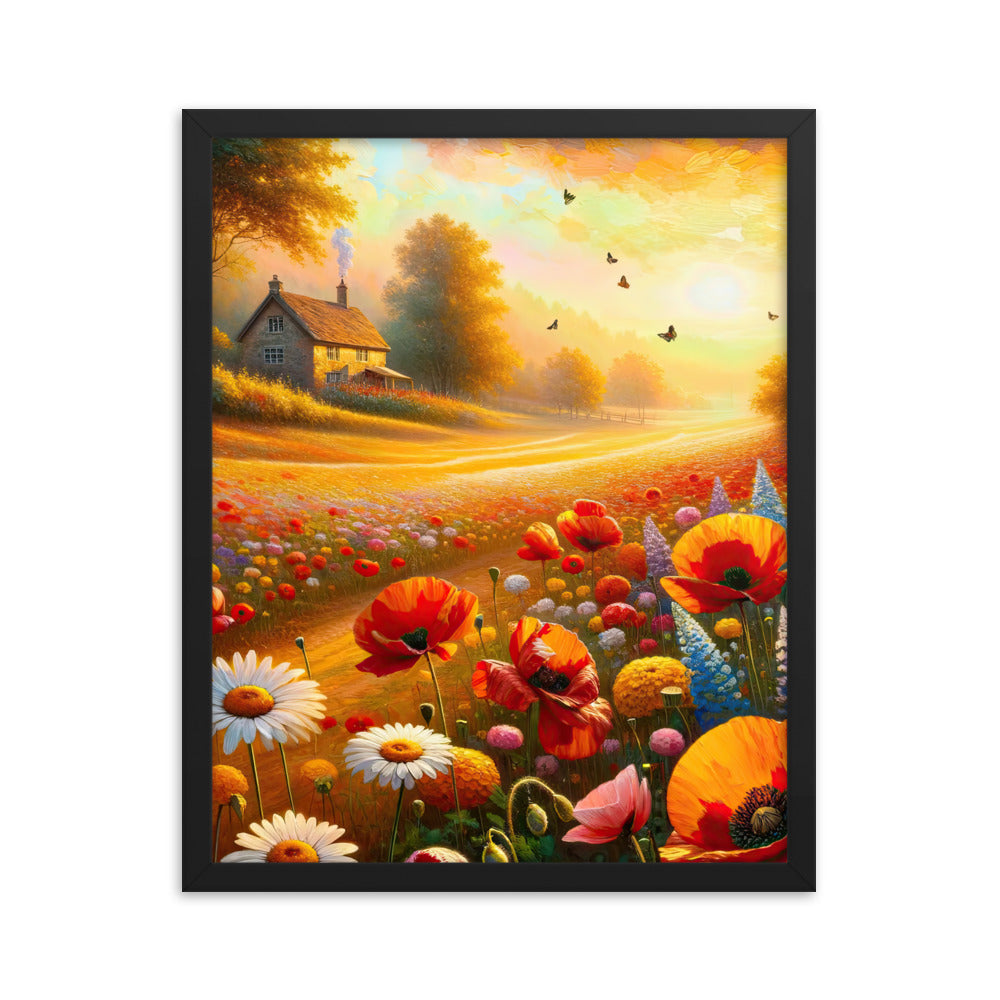 Ölgemälde eines Blumenfeldes im Sonnenuntergang, leuchtende Farbpalette - Premium Poster mit Rahmen camping xxx yyy zzz 40.6 x 50.8 cm