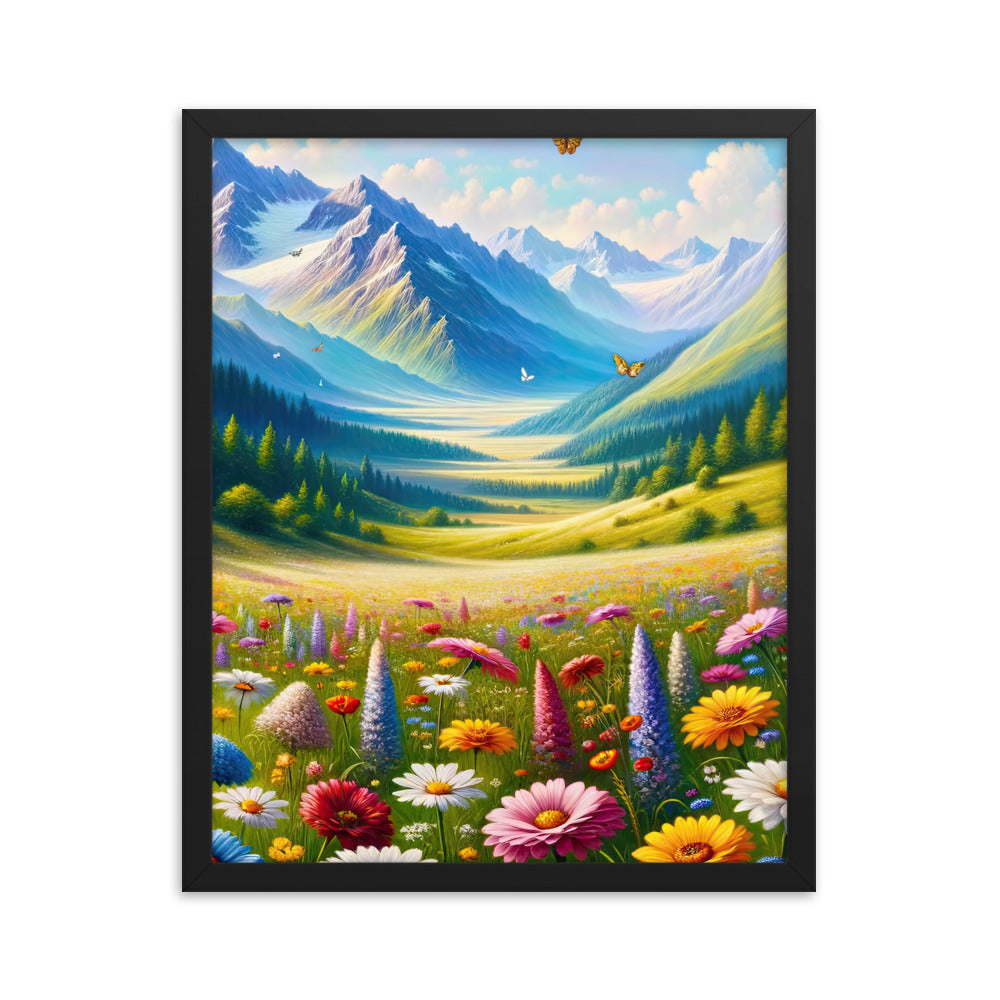 Ölgemälde einer ruhigen Almwiese, Oase mit bunter Wildblumenpracht - Premium Poster mit Rahmen camping xxx yyy zzz 40.6 x 50.8 cm