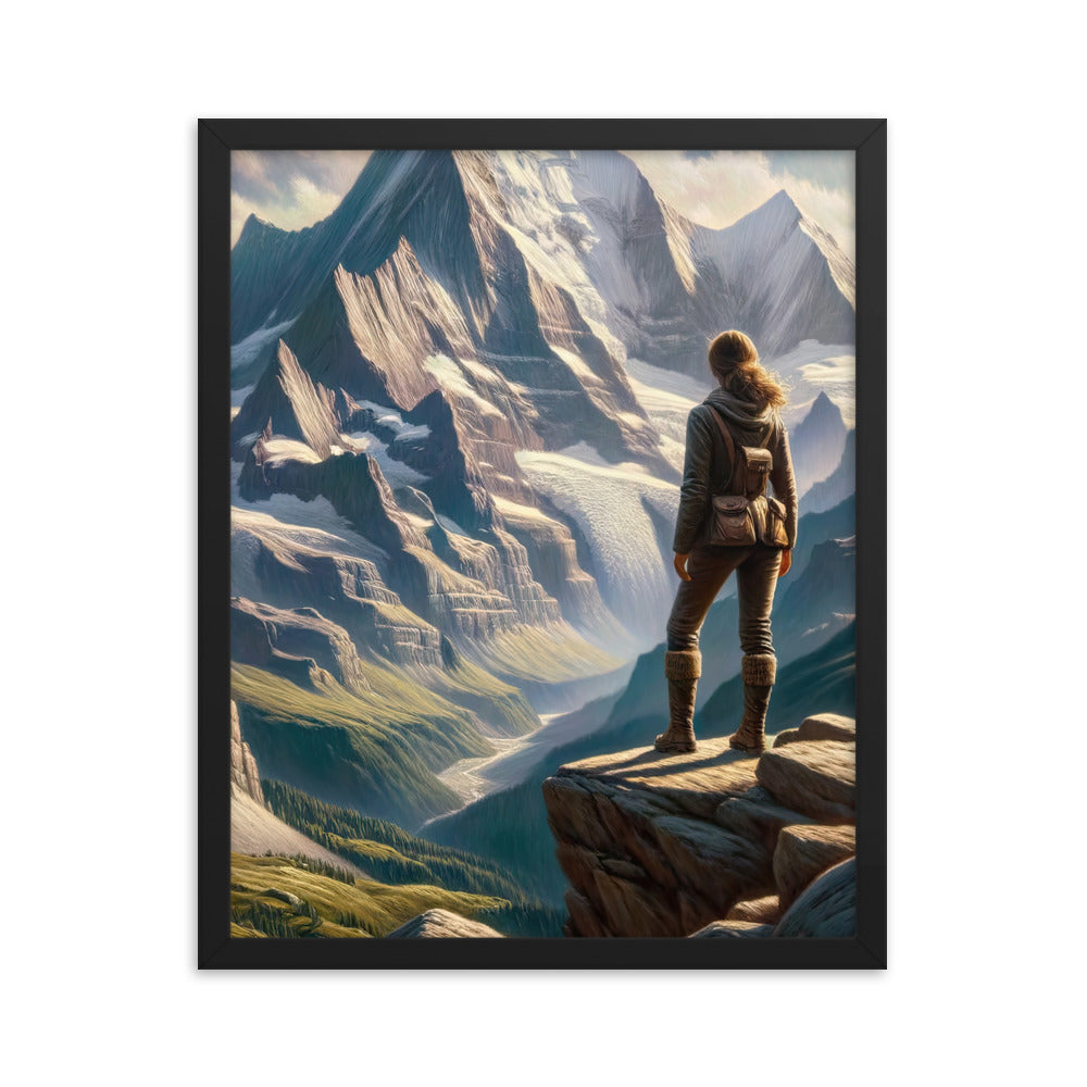 Ölgemälde der Alpengipfel mit Schweizer Abenteurerin auf Felsvorsprung - Premium Poster mit Rahmen wandern xxx yyy zzz 40.6 x 50.8 cm