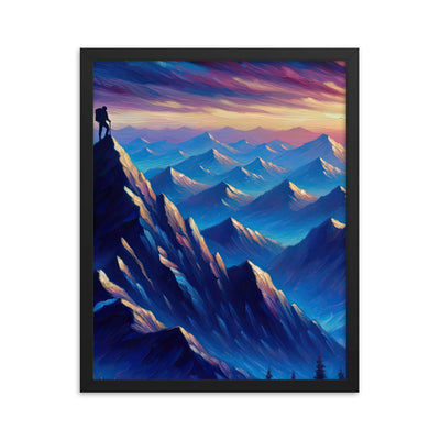 Ölgemälde eines ruhigen Alpenabends mit Bergsteigersilhouette auf dem Gipfel - Premium Poster mit Rahmen wandern xxx yyy zzz 40.6 x 50.8 cm