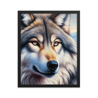 Ölgemäldeporträt eines majestätischen Wolfes mit intensiven Augen in der Berglandschaft (AN) - Premium Poster mit Rahmen xxx yyy zzz 40.6 x 50.8 cm