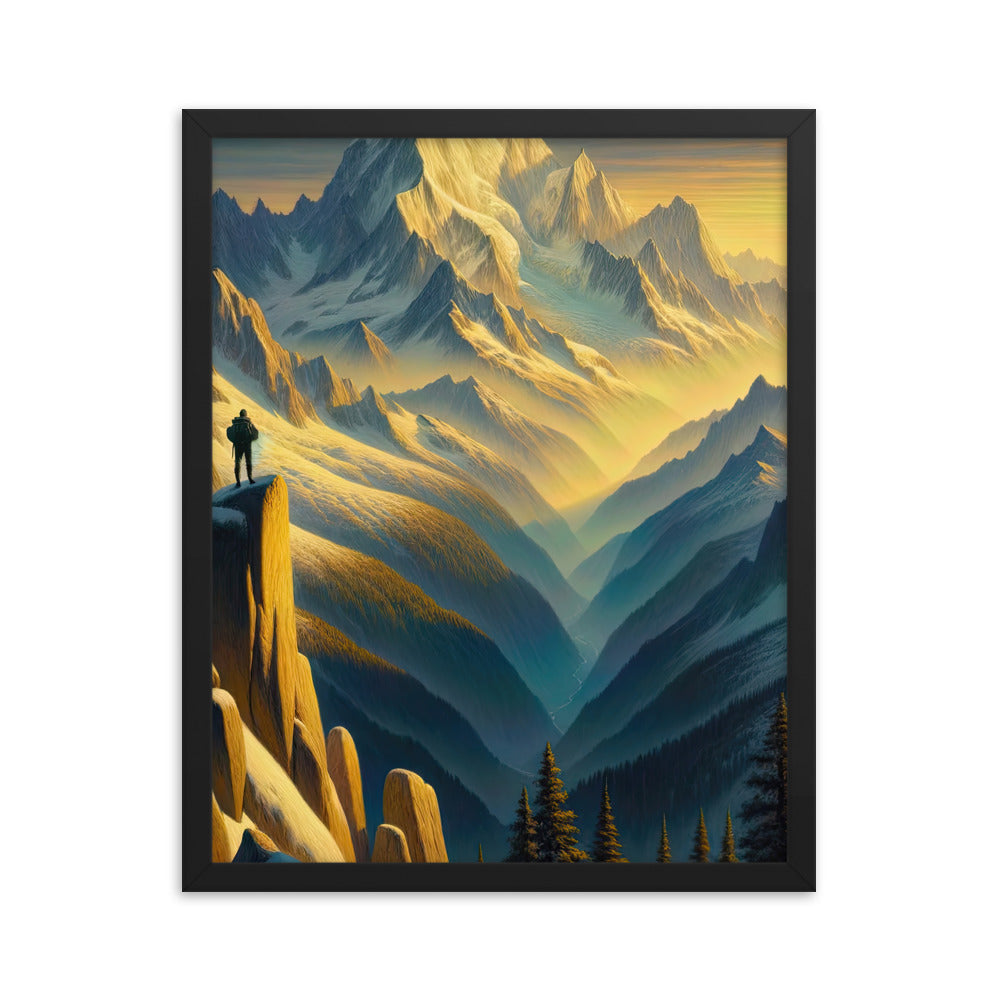 Ölgemälde eines Wanderers bei Morgendämmerung auf Alpengipfeln mit goldenem Sonnenlicht - Premium Poster mit Rahmen wandern xxx yyy zzz 40.6 x 50.8 cm