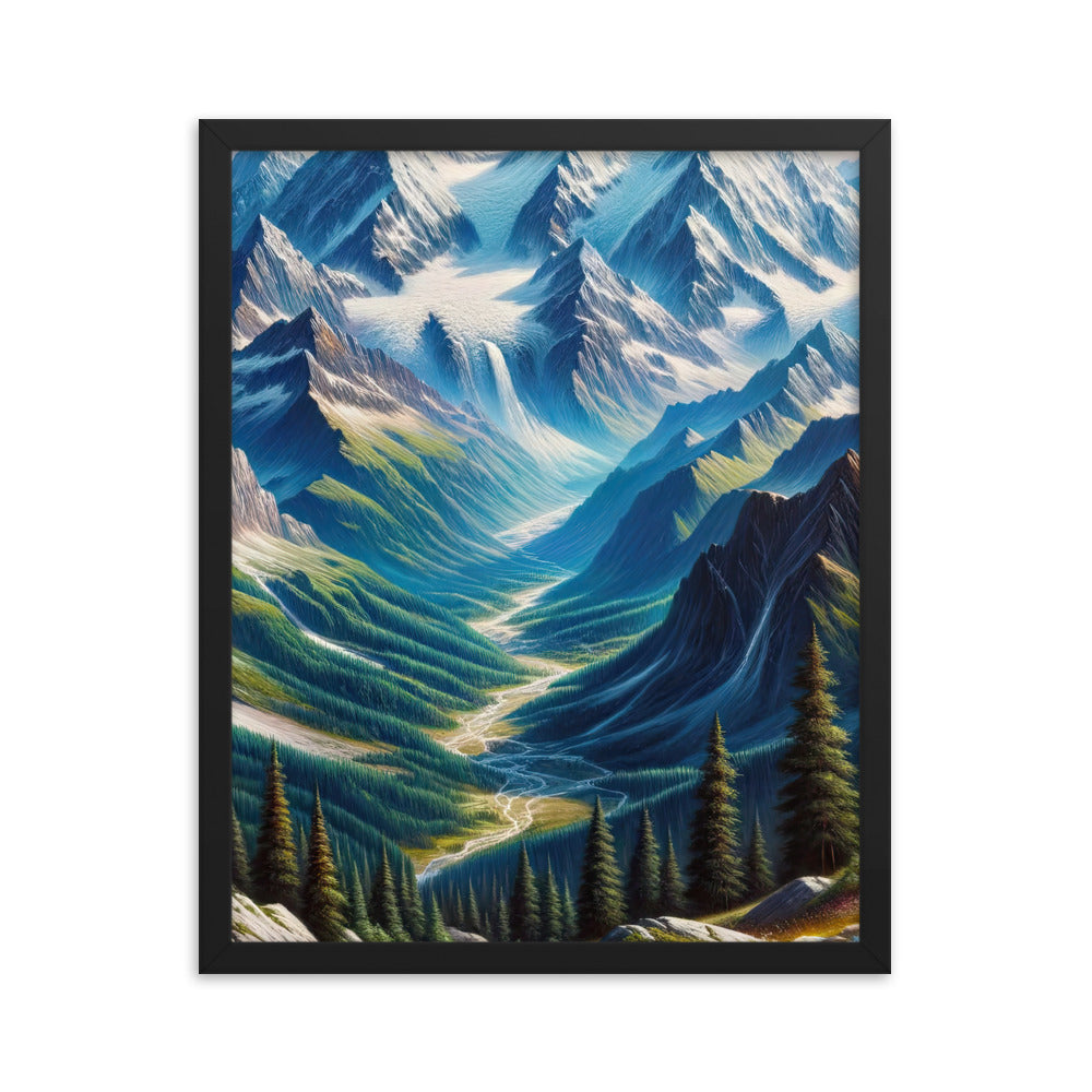 Panorama-Ölgemälde der Alpen mit schneebedeckten Gipfeln und schlängelnden Flusstälern - Premium Poster mit Rahmen berge xxx yyy zzz 40.6 x 50.8 cm
