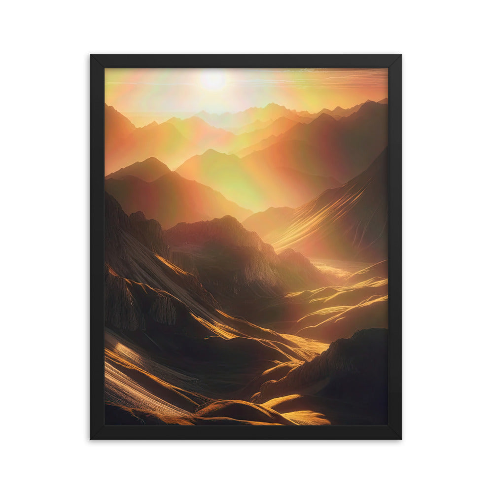 Foto der goldenen Stunde in den Bergen mit warmem Schein über zerklüftetem Gelände - Premium Poster mit Rahmen berge xxx yyy zzz 40.6 x 50.8 cm