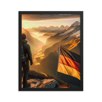 Foto der Alpen bei Sonnenuntergang mit deutscher Flagge und Wanderer, goldenes Licht auf Schneegipfeln - Enhanced Matte Paper Framed berge xxx yyy zzz 40.6 x 50.8 cm
