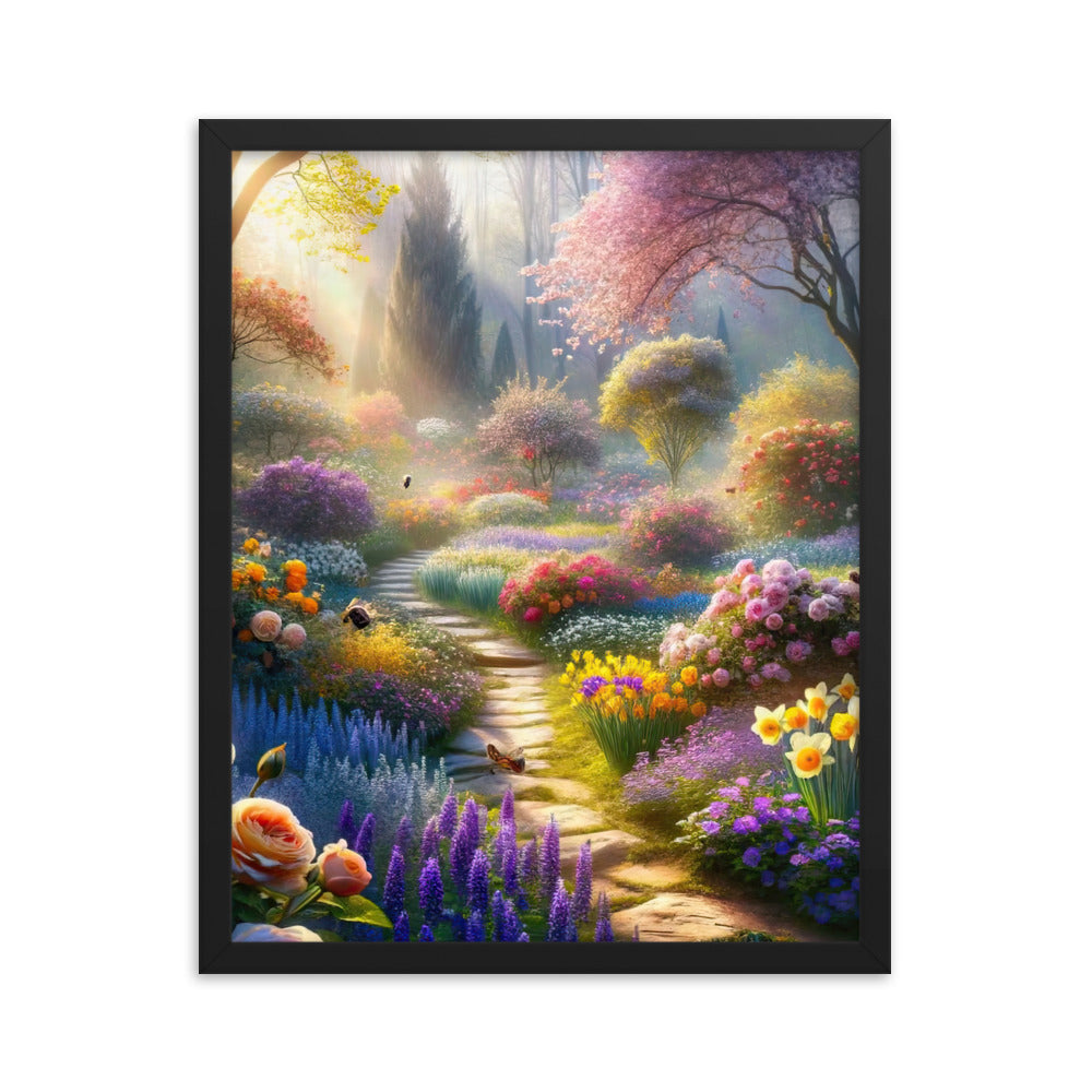 Foto einer Gartenszene im Frühling mit Weg durch blühende Rosen und Veilchen - Premium Poster mit Rahmen camping xxx yyy zzz 40.6 x 50.8 cm