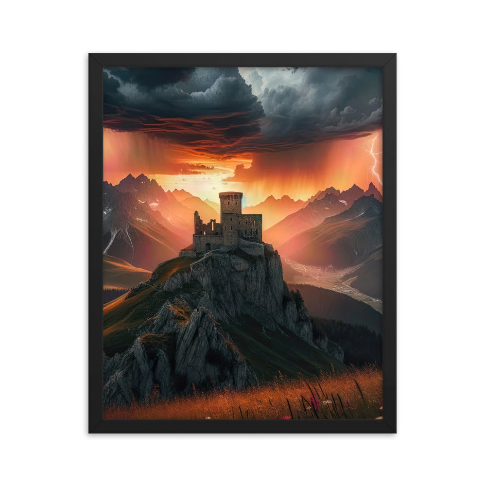 Foto einer Alpenburg bei stürmischem Sonnenuntergang, dramatische Wolken und Sonnenstrahlen - Premium Poster mit Rahmen berge xxx yyy zzz 40.6 x 50.8 cm
