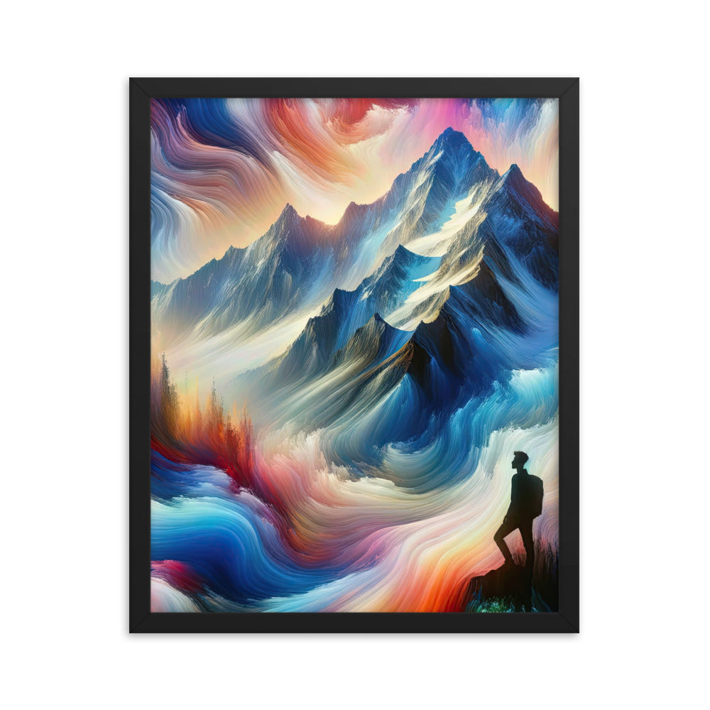 Foto eines abstrakt-expressionistischen Alpengemäldes mit Wanderersilhouette - Premium Poster mit Rahmen wandern xxx yyy zzz 40.6 x 50.8 cm