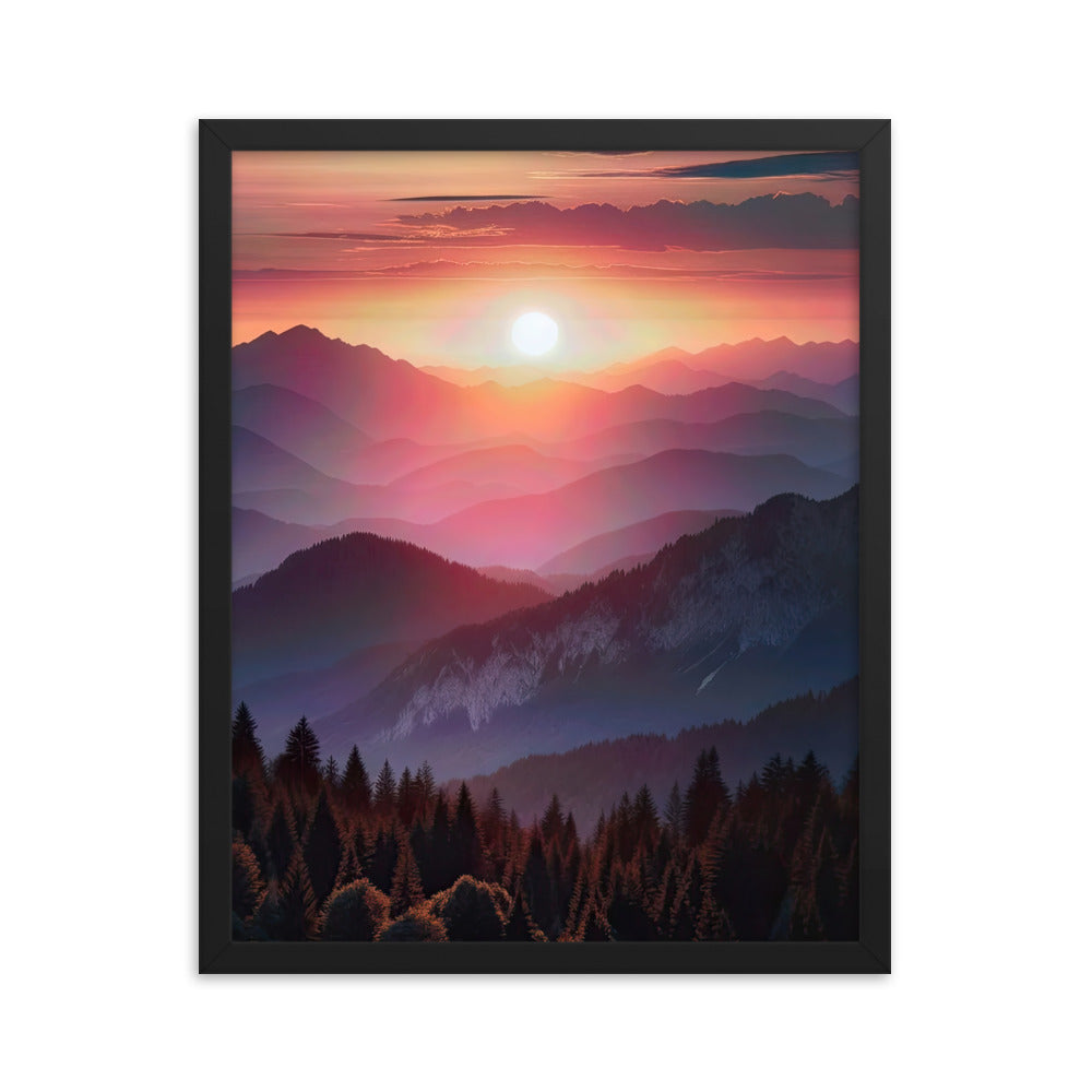 Foto der Alpenwildnis beim Sonnenuntergang, Himmel in warmen Orange-Tönen - Premium Poster mit Rahmen berge xxx yyy zzz 40.6 x 50.8 cm