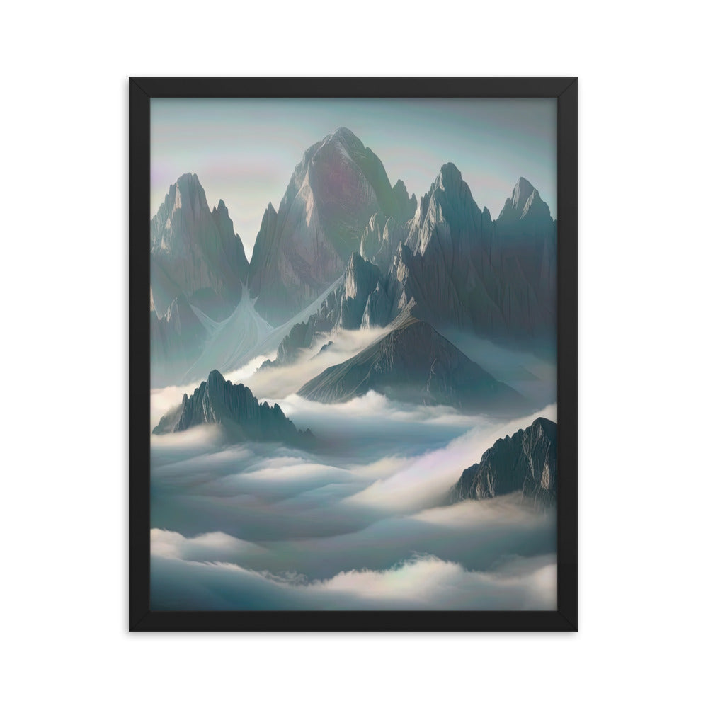 Foto eines nebligen Alpenmorgens, scharfe Gipfel ragen aus dem Nebel - Premium Poster mit Rahmen berge xxx yyy zzz 40.6 x 50.8 cm