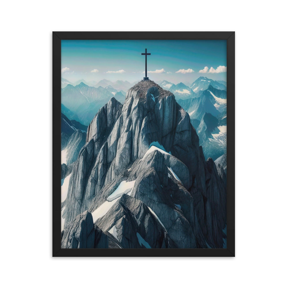 Foto der Alpen mit Gipfelkreuz an einem klaren Tag, schneebedeckte Spitzen vor blauem Himmel - Premium Poster mit Rahmen berge xxx yyy zzz 40.6 x 50.8 cm