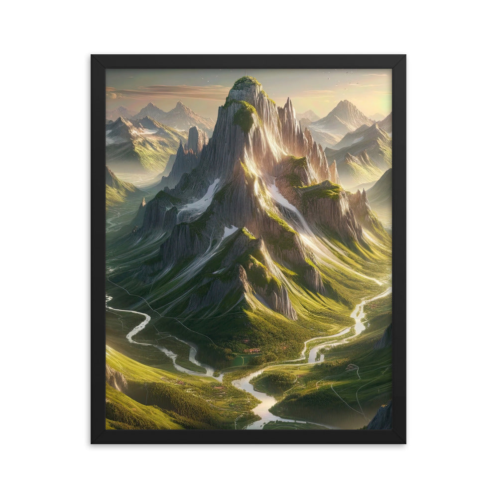 Fotorealistisches Bild der Alpen mit österreichischer Flagge, scharfen Gipfeln und grünen Tälern - Enhanced Matte Paper Framed Poster berge xxx yyy zzz 40.6 x 50.8 cm