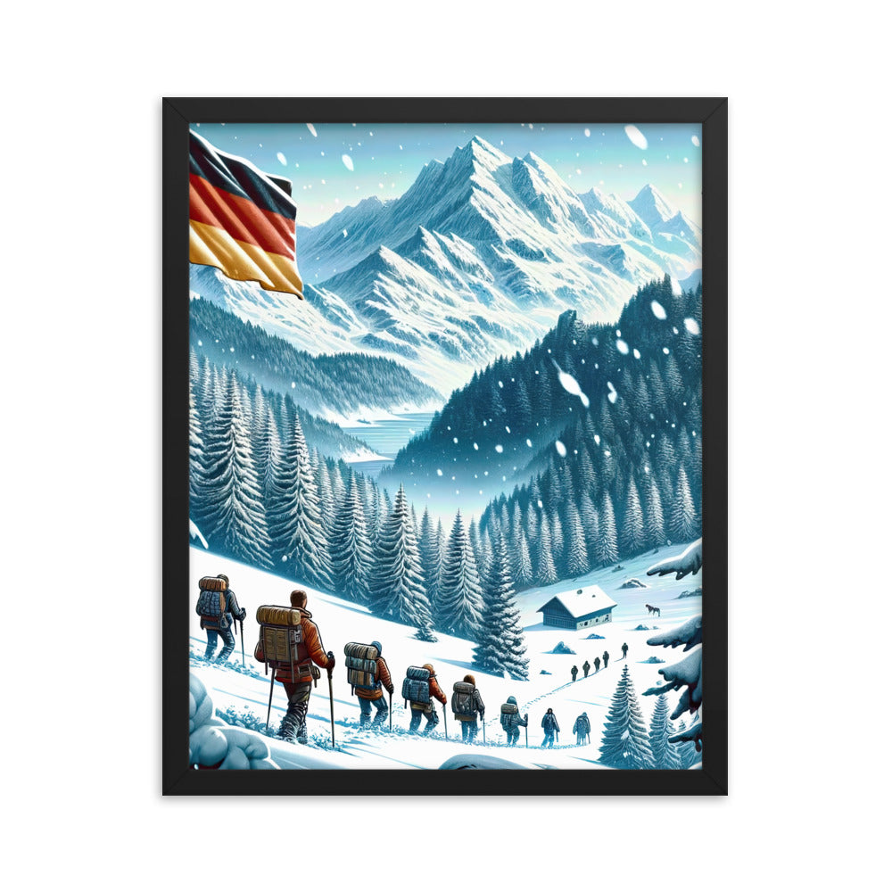 Quadratische Winterillustration der Alpen mit deutscher Flagge und Wanderteam - Premium Poster mit Rahmen wandern xxx yyy zzz 40.6 x 50.8 cm