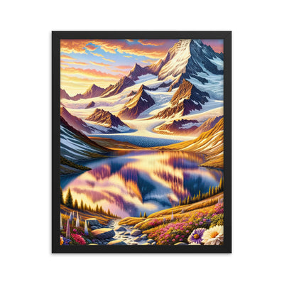 Quadratische Illustration der Alpen mit schneebedeckten Gipfeln und Wildblumen - Premium Poster mit Rahmen berge xxx yyy zzz 40.6 x 50.8 cm