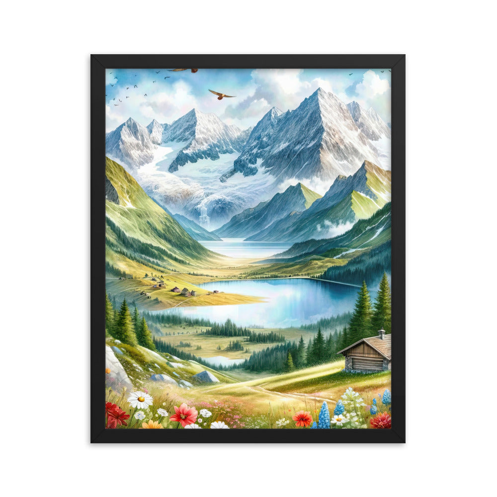 Quadratisches Aquarell der Alpen, Berge mit schneebedeckten Spitzen - Premium Poster mit Rahmen berge xxx yyy zzz 40.6 x 50.8 cm