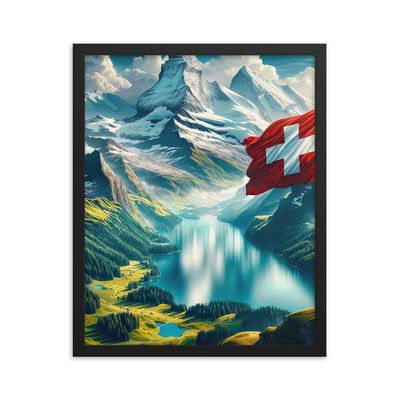 Ultraepische, fotorealistische Darstellung der Schweizer Alpenlandschaft mit Schweizer Flagge - Premium Poster mit Rahmen berge xxx yyy zzz 40.6 x 50.8 cm