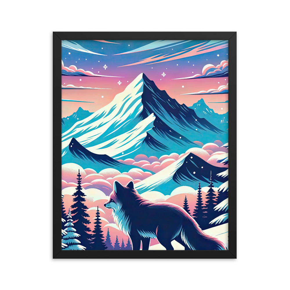 Vektorgrafik eines alpinen Winterwunderlandes mit schneebedeckten Kiefern und einem Fuchs - Premium Poster mit Rahmen camping xxx yyy zzz 40.6 x 50.8 cm