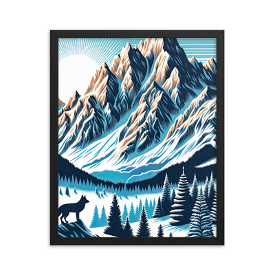 Vektorgrafik eines Wolfes im winterlichen Alpenmorgen, Berge mit Schnee- und Felsmustern - Premium Poster mit Rahmen berge xxx yyy zzz 40.6 x 50.8 cm