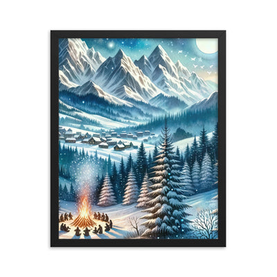 Aquarell eines Winterabends in den Alpen mit Lagerfeuer und Wanderern, glitzernder Neuschnee - Premium Poster mit Rahmen camping xxx yyy zzz 40.6 x 50.8 cm