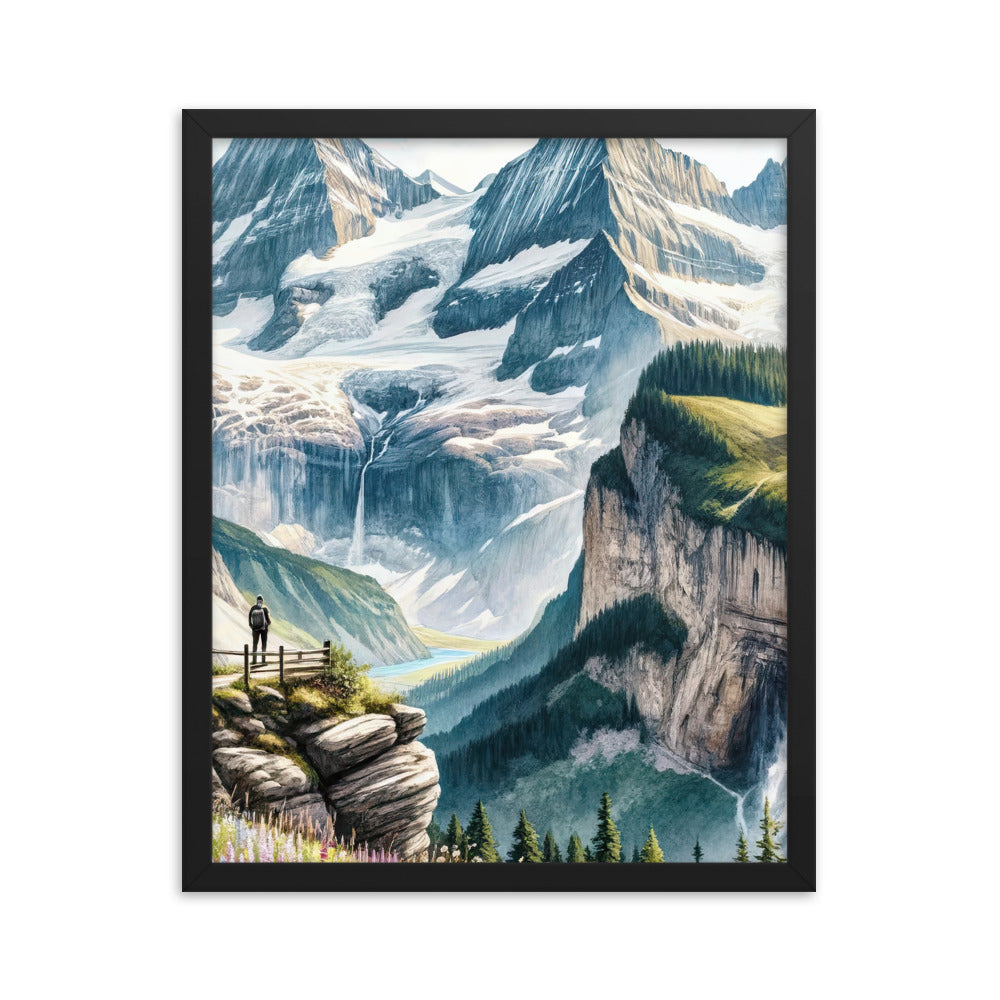 Aquarell-Panoramablick der Alpen mit schneebedeckten Gipfeln, Wasserfällen und Wanderern - Premium Poster mit Rahmen wandern xxx yyy zzz 40.6 x 50.8 cm
