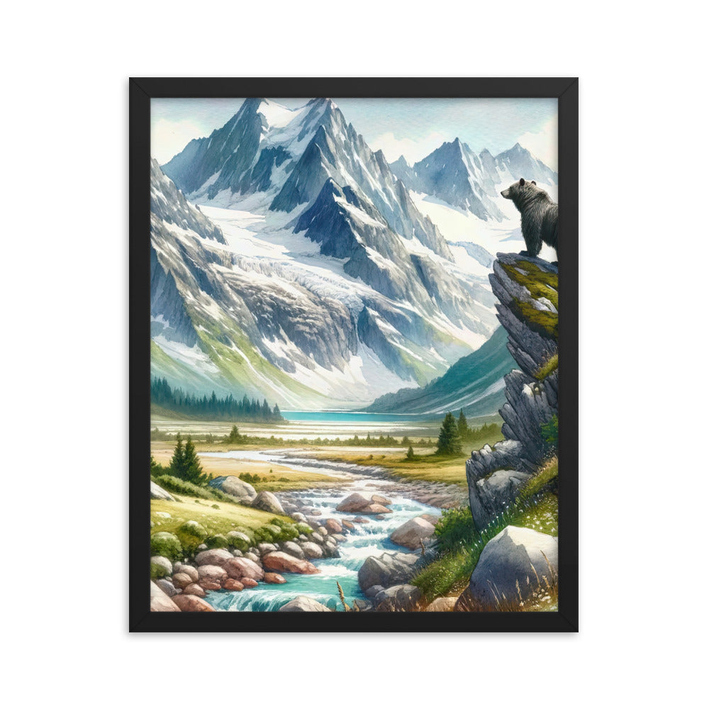 Aquarellmalerei eines Bären und der sommerlichen Alpenschönheit mit schneebedeckten Ketten - Premium Poster mit Rahmen camping xxx yyy zzz 40.6 x 50.8 cm