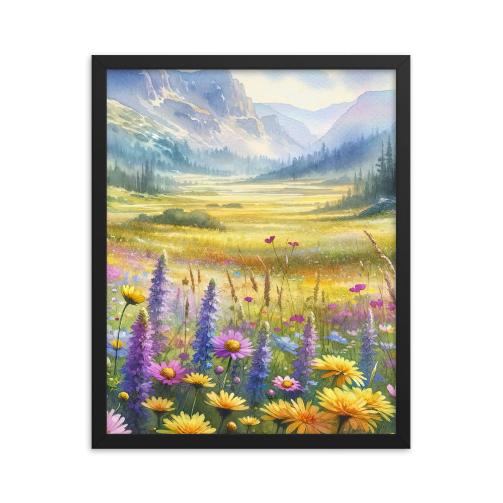 Aquarell einer Almwiese in Ruhe, Wildblumenteppich in Gelb, Lila, Rosa - Premium Poster mit Rahmen berge xxx yyy zzz 40.6 x 50.8 cm