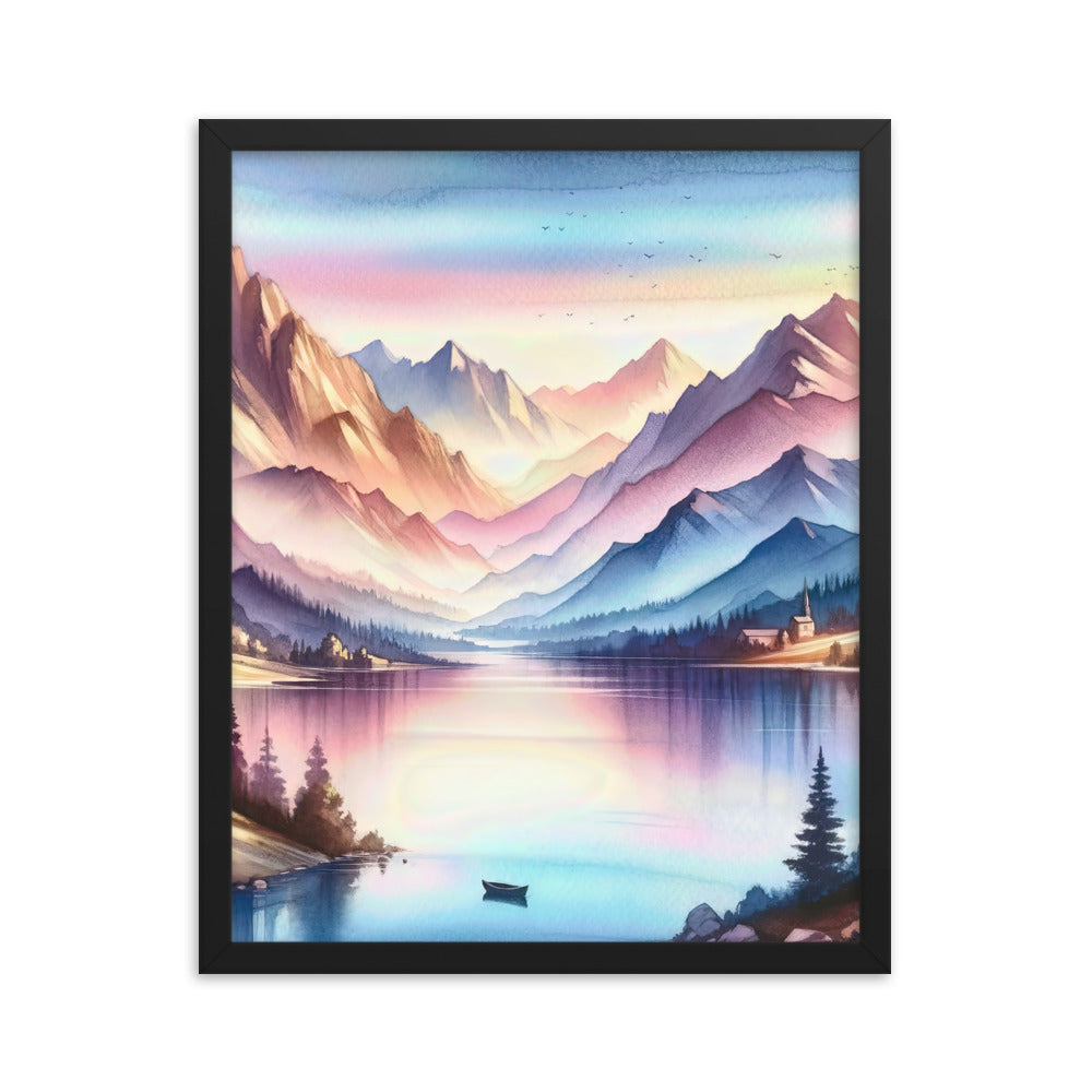 Aquarell einer Dämmerung in den Alpen, Boot auf einem See in Pastell-Licht - Premium Poster mit Rahmen berge xxx yyy zzz 40.6 x 50.8 cm