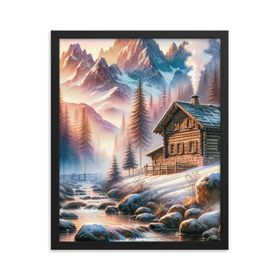 Aquarell einer Alpenszene im Morgengrauen, Haus in den Bergen - Premium Poster mit Rahmen berge xxx yyy zzz 40.6 x 50.8 cm
