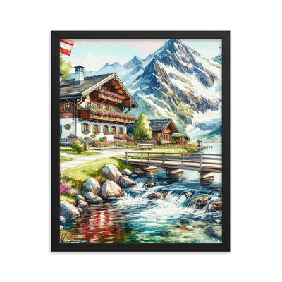 Aquarell der frühlingshaften Alpenkette mit österreichischer Flagge und schmelzendem Schnee - Premium Poster mit Rahmen berge xxx yyy zzz 40.6 x 50.8 cm