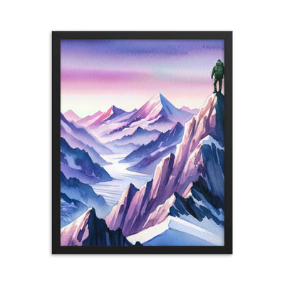 Aquarell eines Bergsteigers auf einem Alpengipfel in der Abenddämmerung - Premium Poster mit Rahmen wandern xxx yyy zzz 40.6 x 50.8 cm