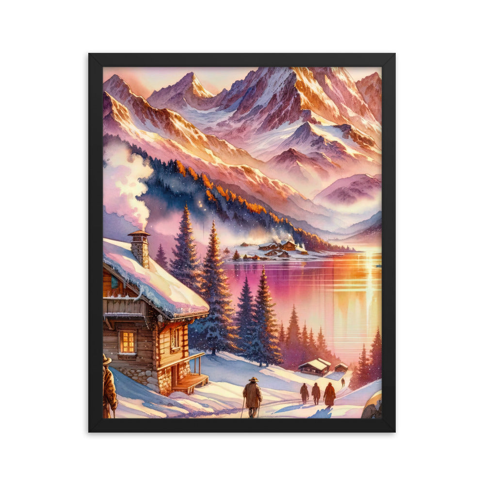 Aquarell eines Alpenpanoramas mit Wanderern bei Sonnenuntergang in Rosa und Gold - Premium Poster mit Rahmen wandern xxx yyy zzz 40.6 x 50.8 cm