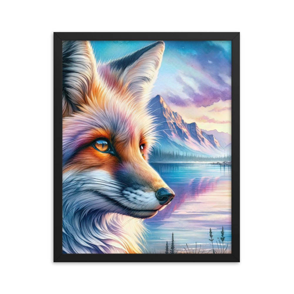 Aquarellporträt eines Fuchses im Dämmerlicht am Bergsee - Premium Poster mit Rahmen camping xxx yyy zzz 40.6 x 50.8 cm