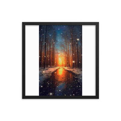 Bäume im Winter, Schnee, Sonnenaufgang und Fluss - Premium Poster mit Rahmen camping xxx Black 45.7 x 45.7 cm