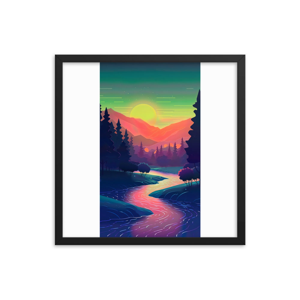 Berge, Fluss, Sonnenuntergang - Malerei - Premium Poster mit Rahmen berge xxx 45.7 x 45.7 cm