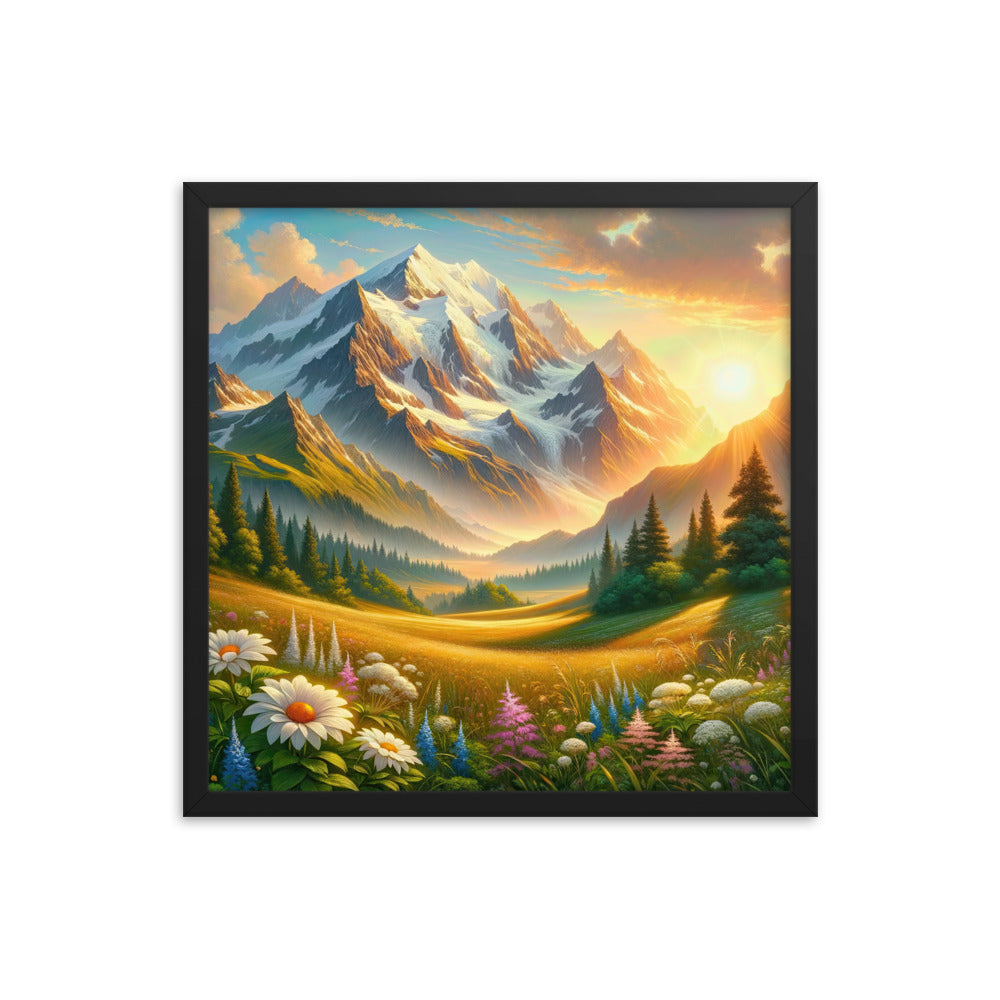 Heitere Alpenschönheit: Schneeberge und Wildblumenwiesen - Premium Poster mit Rahmen berge xxx yyy zzz 45.7 x 45.7 cm