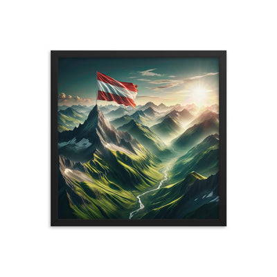 Alpen Gebirge: Fotorealistische Bergfläche mit Österreichischer Flagge - Premium Poster mit Rahmen berge xxx yyy zzz 45.7 x 45.7 cm