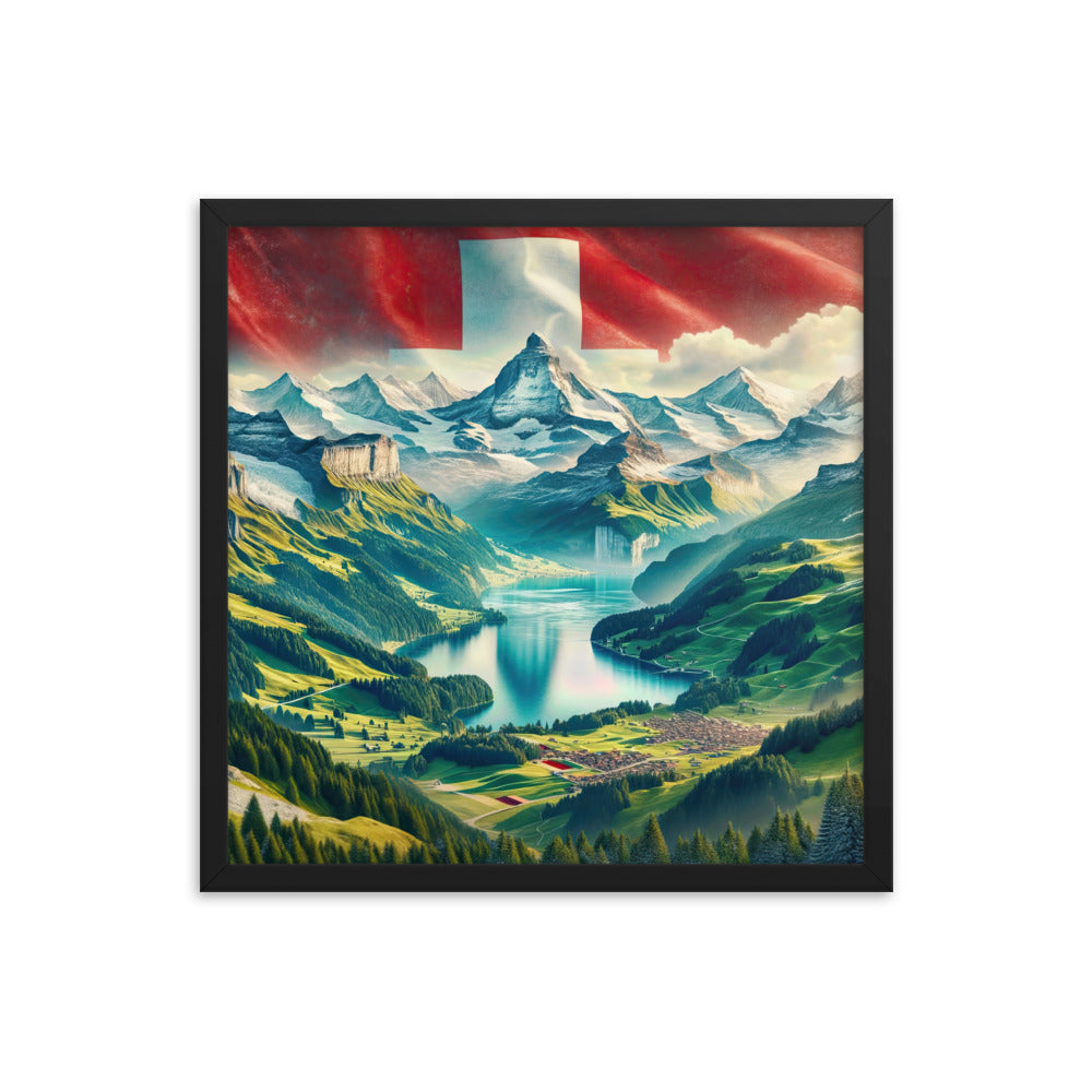 Berg Panorama: Schneeberge und Täler mit Schweizer Flagge - Premium Poster mit Rahmen berge xxx yyy zzz 45.7 x 45.7 cm