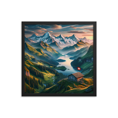 Schweizer Flagge, Alpenidylle: Dämmerlicht, epische Berge und stille Gewässer - Premium Poster mit Rahmen berge xxx yyy zzz 45.7 x 45.7 cm