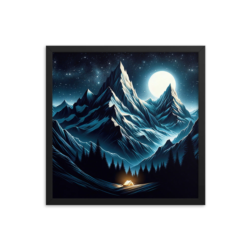 Alpennacht mit Zelt: Mondglanz auf Gipfeln und Tälern, sternenklarer Himmel - Premium Poster mit Rahmen berge xxx yyy zzz 45.7 x 45.7 cm