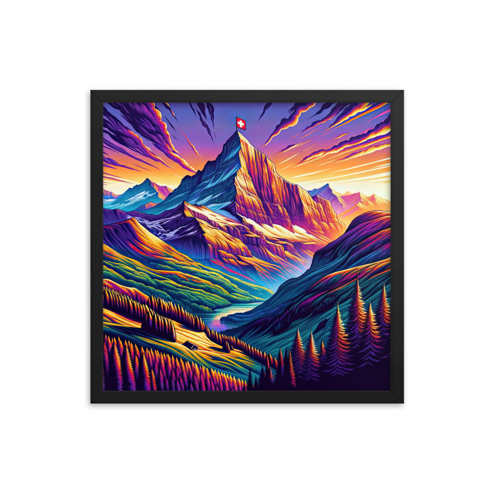 Bergpracht mit Schweizer Flagge: Farbenfrohe Illustration einer Berglandschaft - Premium Poster mit Rahmen berge xxx yyy zzz 45.7 x 45.7 cm