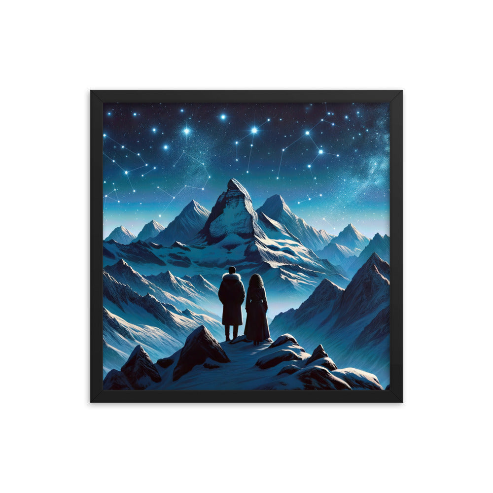Alpenwinternacht: Digitale Kunst mit Wanderern in Bergen und Sternenhimmel - Premium Poster mit Rahmen wandern xxx yyy zzz 45.7 x 45.7 cm